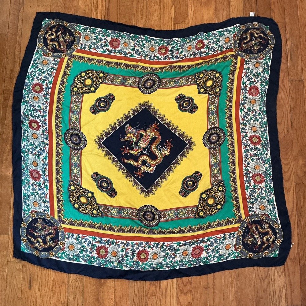 Chinese Dragon Large Square 100% Silk Scarf Hand Rolled 42"